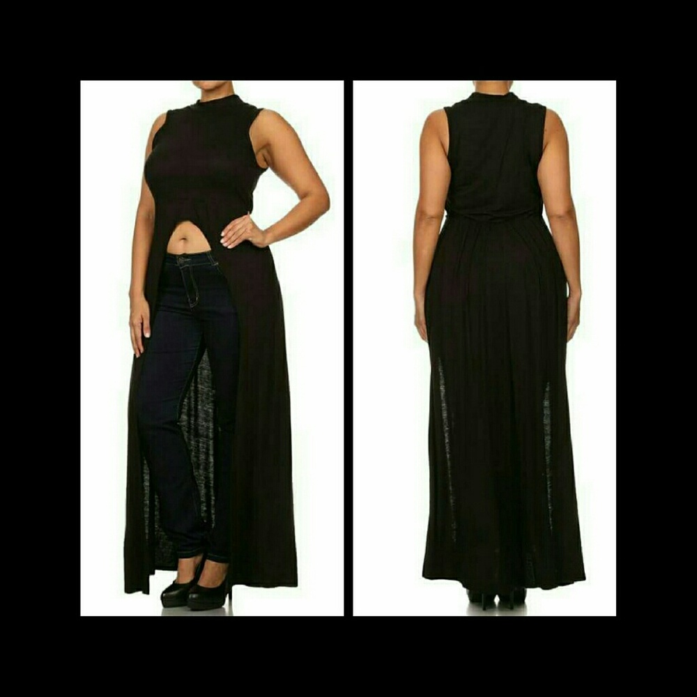 High-Low black sleeveless top long cape effect